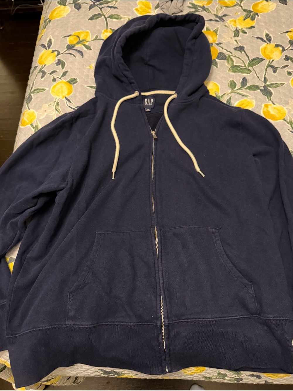 GAP Navy Zip-Up Hoodie with Cream Drawcords